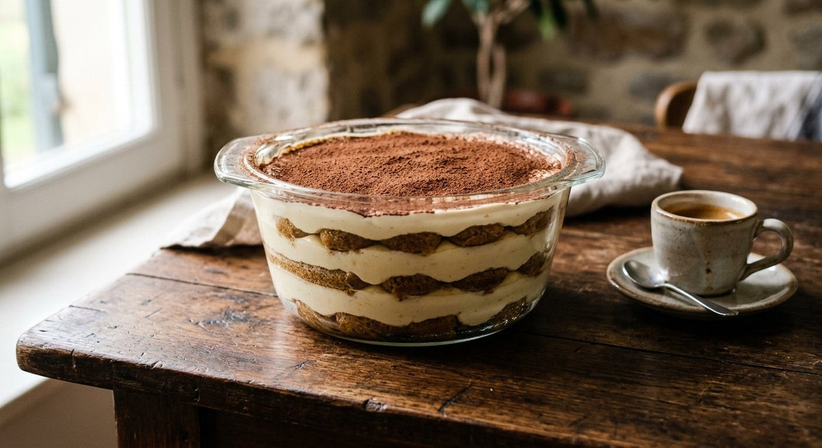 Тирамису с маскарпоне, савоярди и еспресо, поръсено с какао