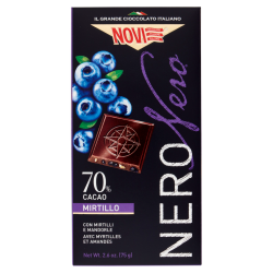ЧЕРЕН ШОКОЛАД NOVI NERO 70% КАКАО,БОРОВИНКИ И БАДЕМИ 75ГР.